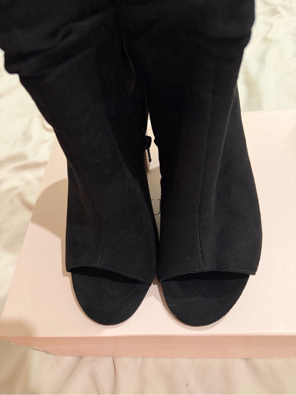 JustFab Black Open-Toe Suede Heeled Booties